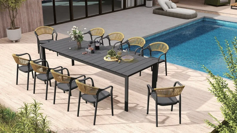 Conjunto de jantar com mesa extensível em alumínio, tampo com ripas largas: 215/276 × 100 × 75,5 cm, estrutura em tub... - LAYO45-JANTAR-057-058