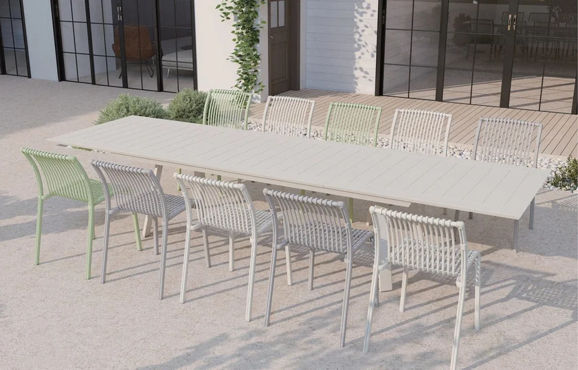 Mesa extensível em alumínio com 1 extensão borboleta: 260 / 390 × 110 × 75 cm, tampo em placa de alumínio com relevo... - LAYO45-JANTAR-075-076